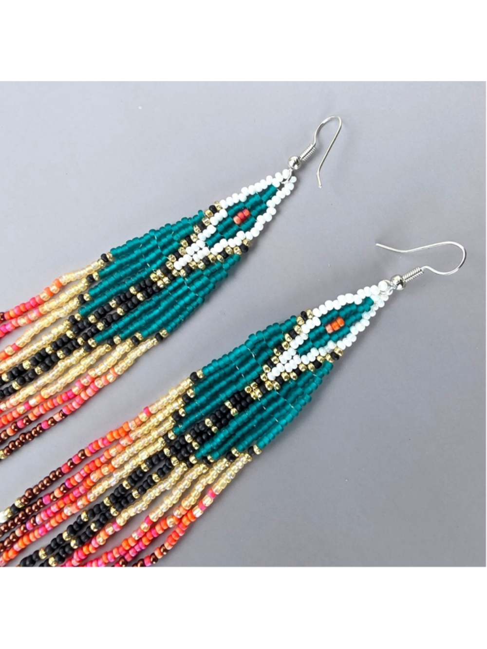 Retro Luxe Boho Fringe Seed Bead Long Earrings Southwestern Beaded Jewelry - Picture 5 of 6